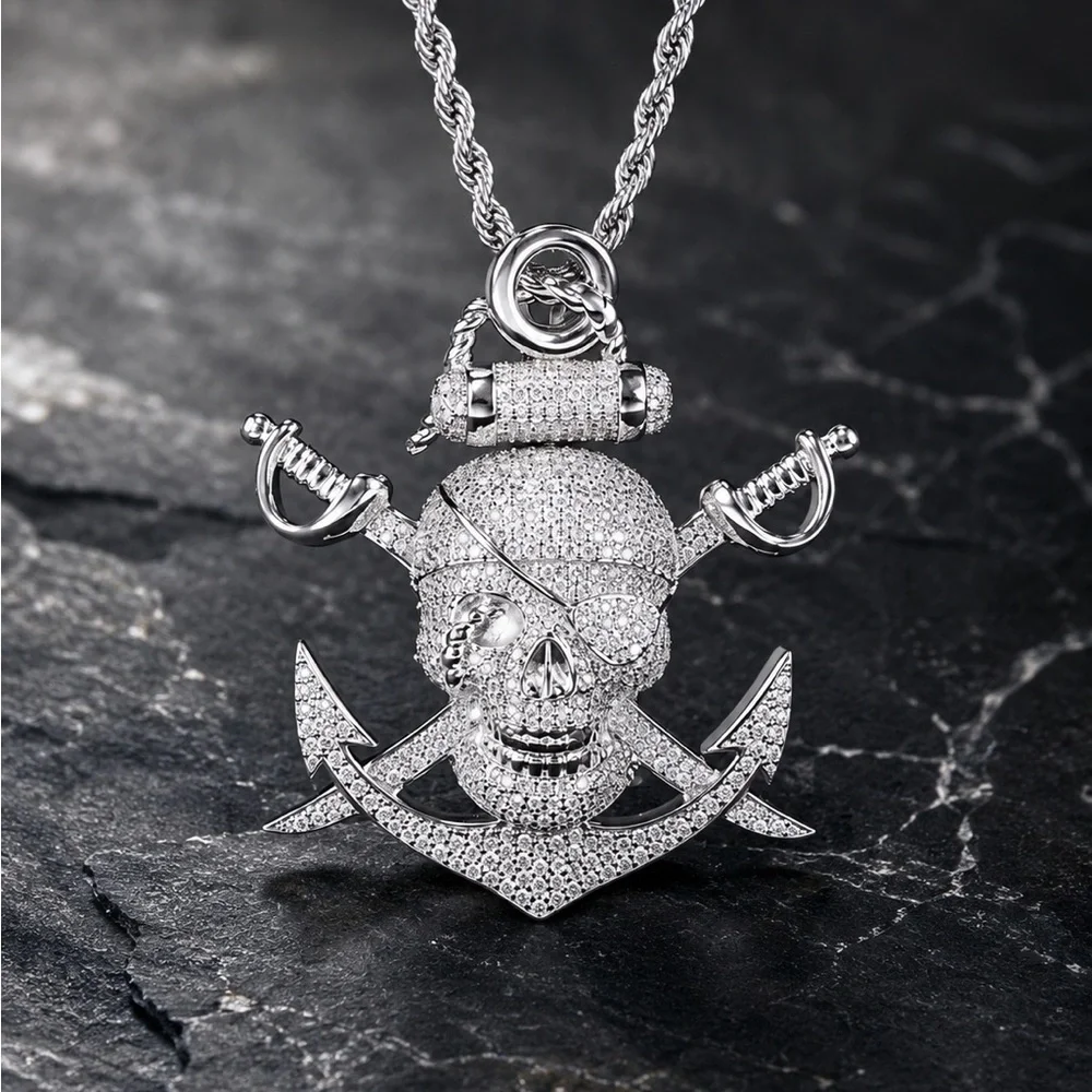 925 Sterling Silver Pirate Skull Pendant Necklace 7.20CTW MOISSANITE
